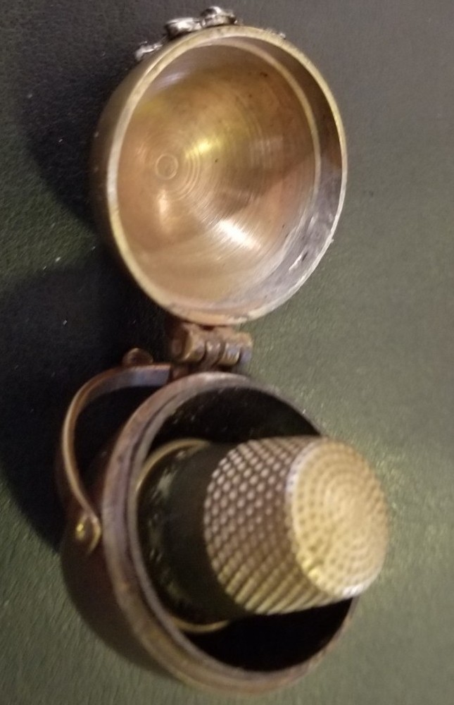 Antique Victorian Brass Egg Chataleine Thimble Needle Thread