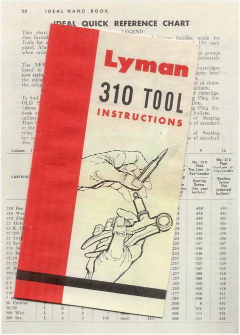 Lyman Model 310 Tong Tool Instructions w/ Die reference chart Reproduction