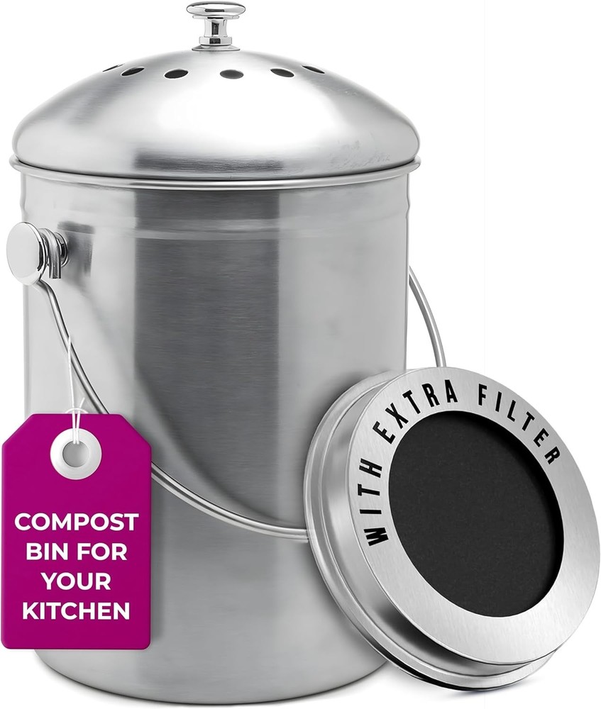 Sleek Stainless Steel Kitchen Compost Bin - Effective Odor Control & Easy Clean