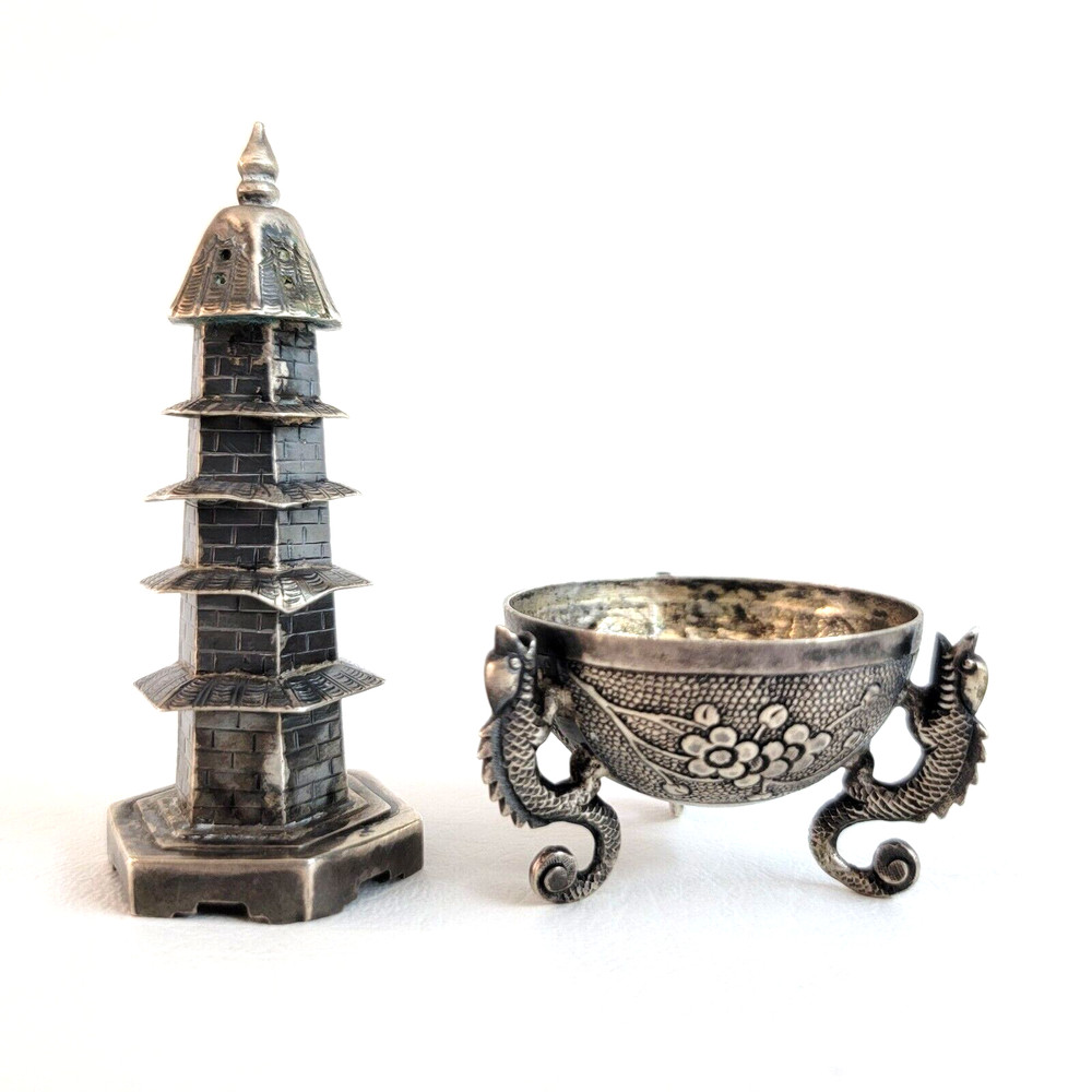 ANTIQUE 19thC CHINESE EXPORT SOLID SILVER SALT & PEPPER, KWONG MAN SHING c1890