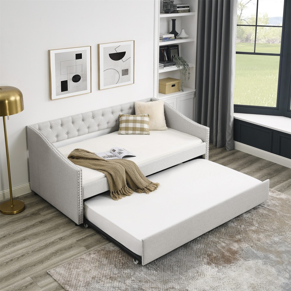 Twin/Full Size Daybed w/ Pull Out Trundle Bed Upholstered Bed Frame Sofa Bed