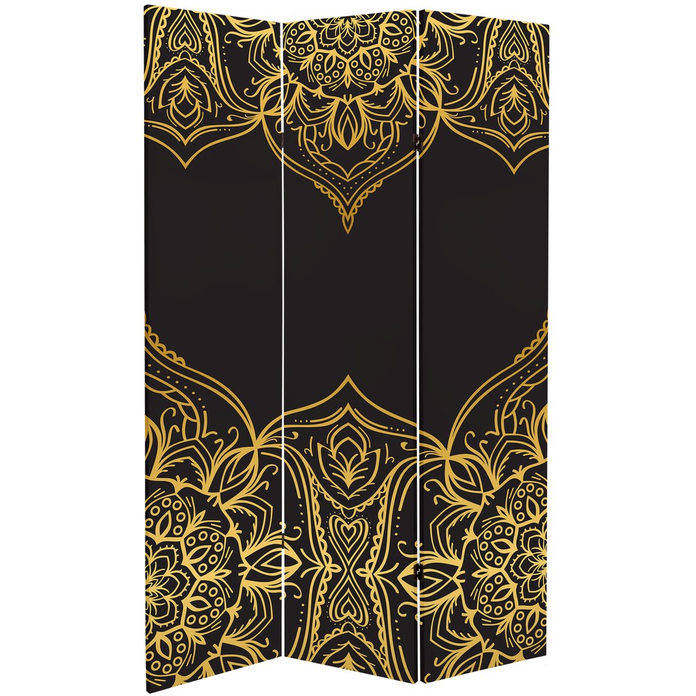 6 ft. Tall Double Sided Black Indian Pattern Canvas Room Divider