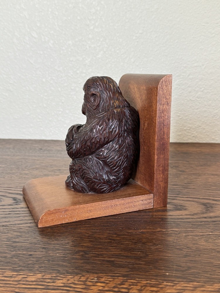 Monkey Bookend Hand Carved Solid Wood Bookend Vintage
