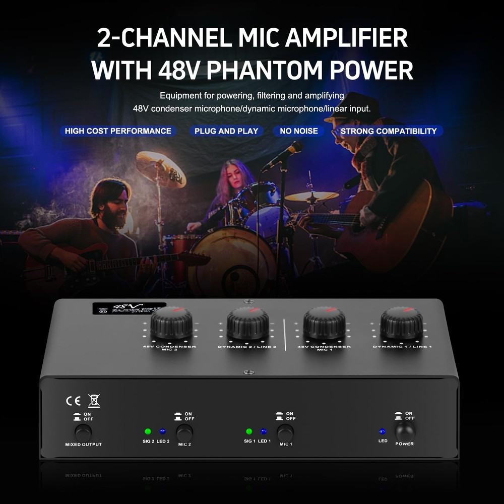 Microphone Preamp Mic Booster 4 Input Max 25db DI Box with 48V Phantom Power ...