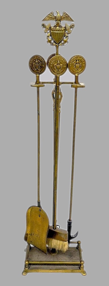 Vintage U.S. Navy Cast Brass Fireplace Tool Set::4 Tools + Stand::Nice