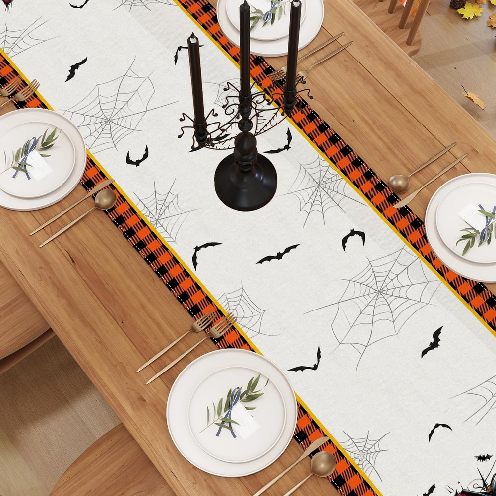 Halloween Decorations Black Cat Pumpkin Bat Spiderweb Table Runner Gift 13"x72"