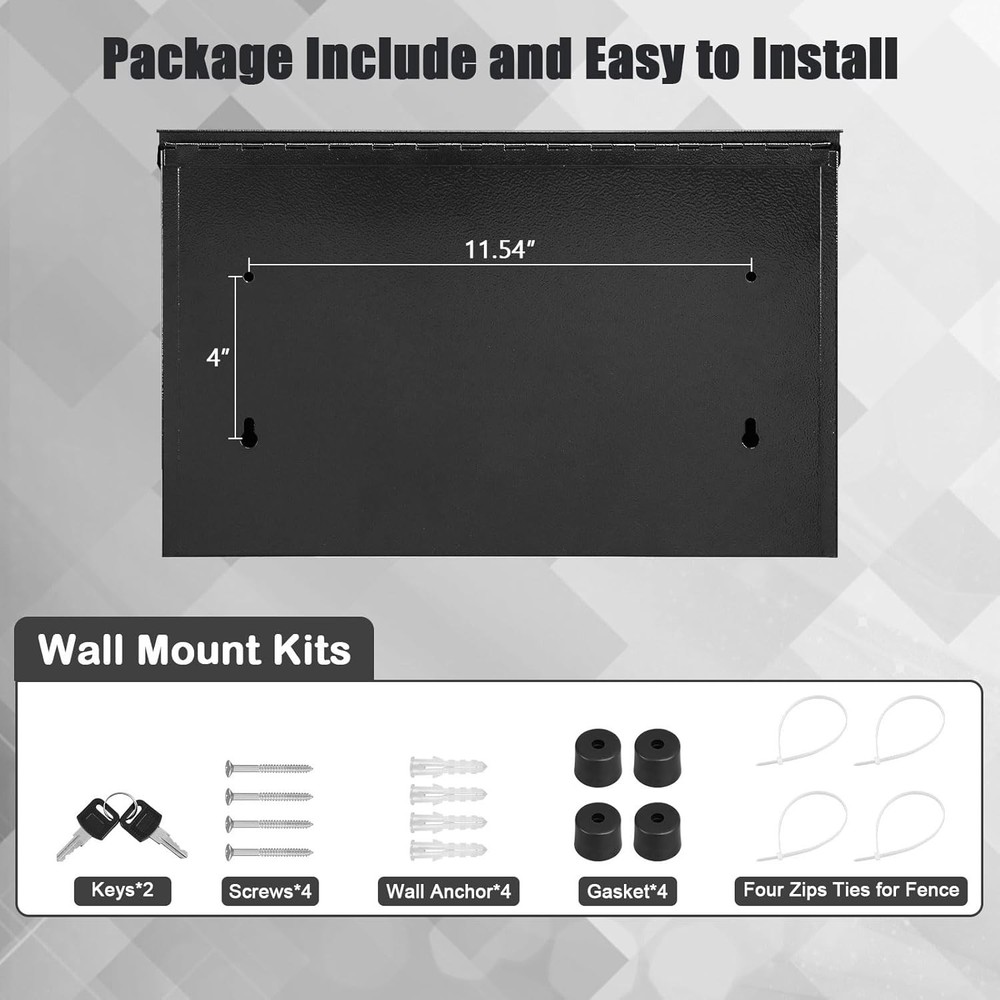 Locking Wall-Mount Mailbox Large Capacity Steel Post Box with Keys Black