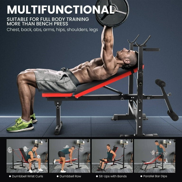Adjustable Weight Bench with Squat Barbell Rack Removable Foot Bracket Exercise