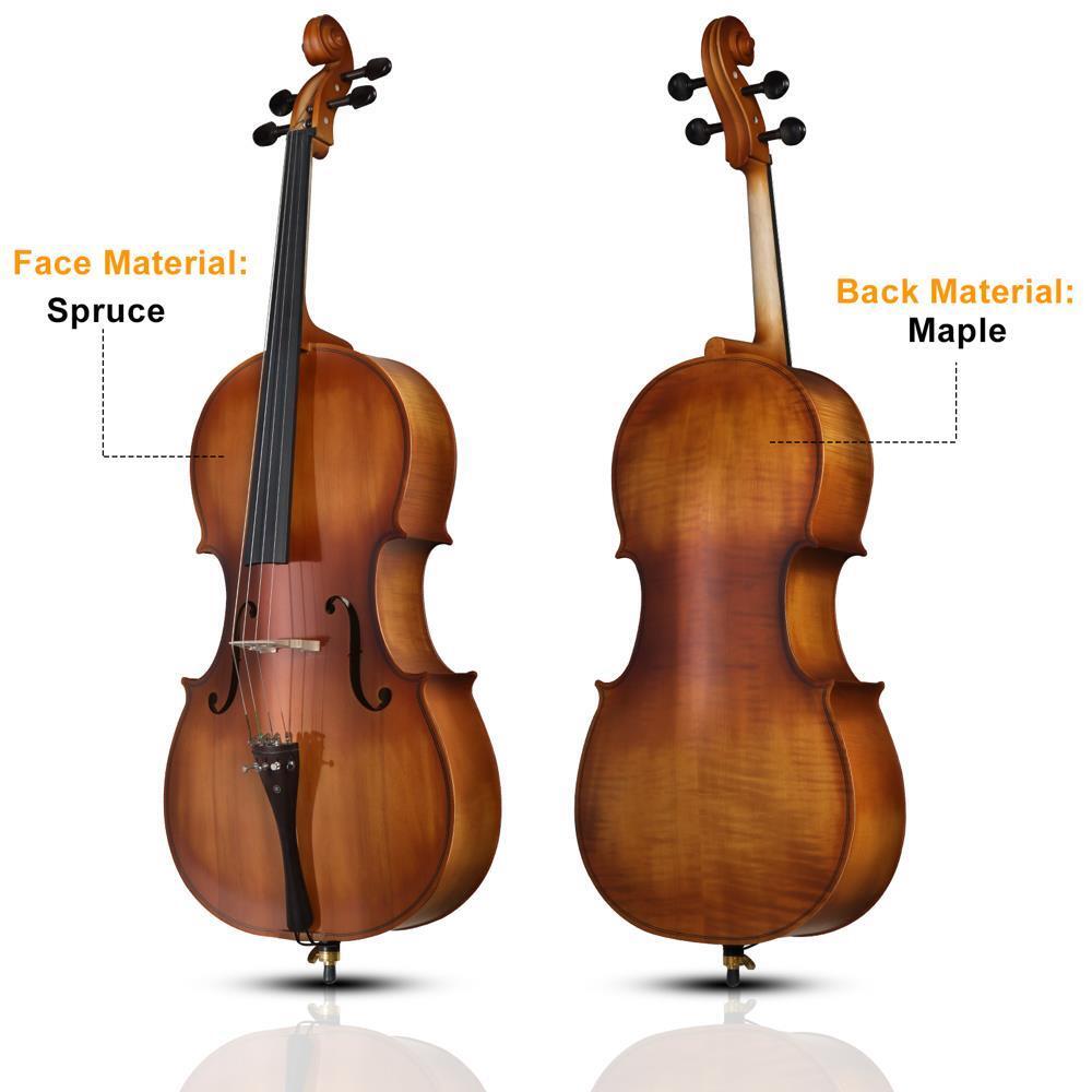 Full Side 4/4 Matte Natural Color Spruce Panel Cello with Bag Case Strings