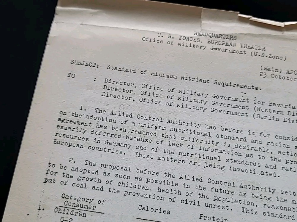 1945 Germany WWII US Army War Military Document Minimum Nutrition Requirements