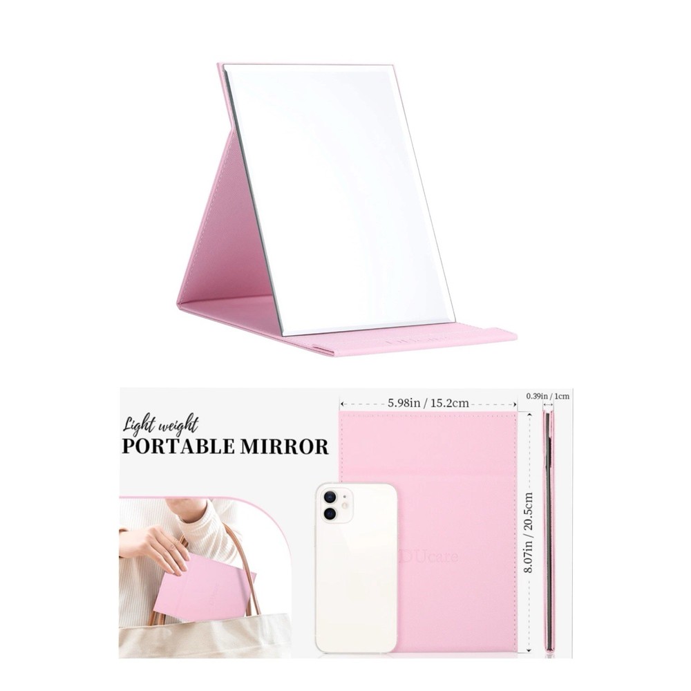 DUcare Folding Mirror Travel Portable Vanity Adjustable thin Leather Case Pink