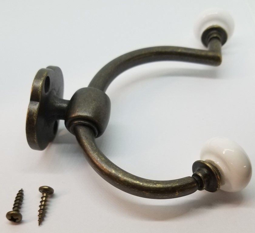 Antique Brass Double Front Mount Coat Hook Porcelain Knobs old classic vintage