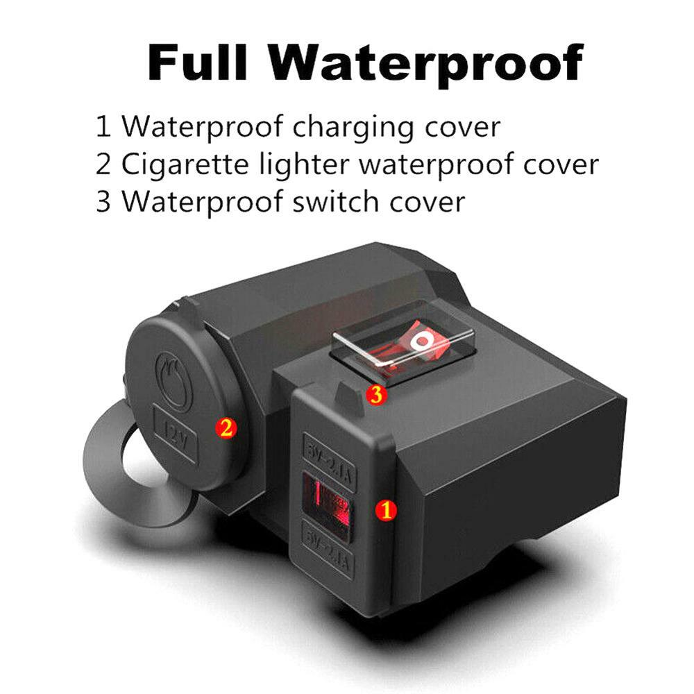 Motorcycle Handlebar Charger 12V 2 USB Port&Cigarette Lighter Socket Waterproof