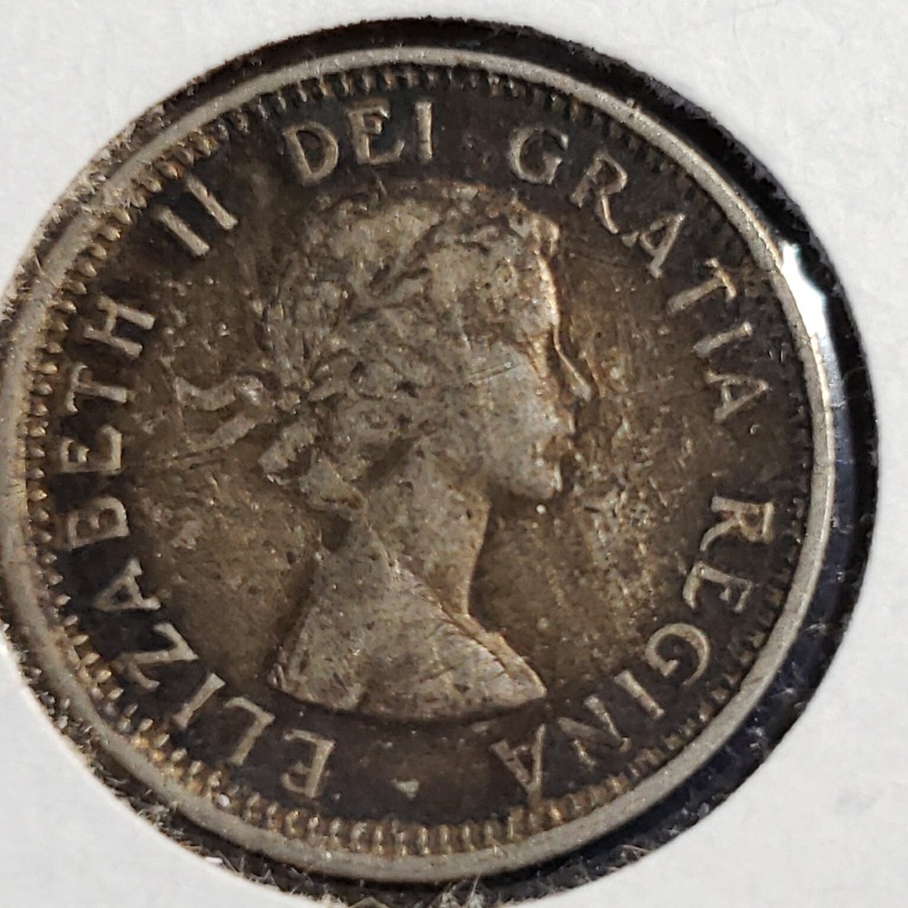1953 Canada Silver No Shoulder Fold Dime Toned
