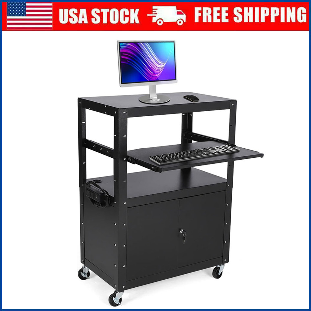 Height Adjustable Rolling AV Cart W/ Lockable Cabinet Pullout Trays Drop Leaves