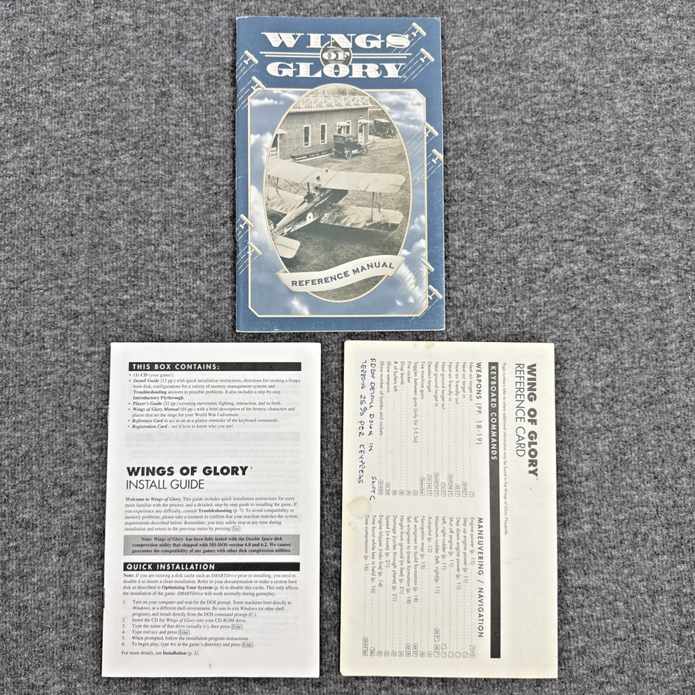 Wings of Glory PC Game 1994 Refernce Manual, Card & Install Guide