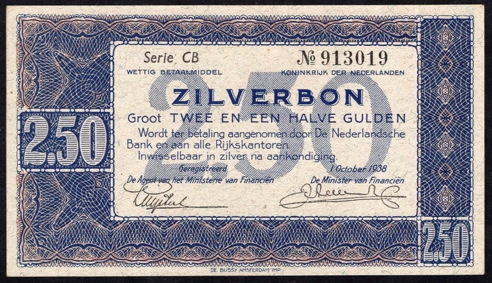 Netherlands 2.50 Gulden 1938 P62 * Unc *