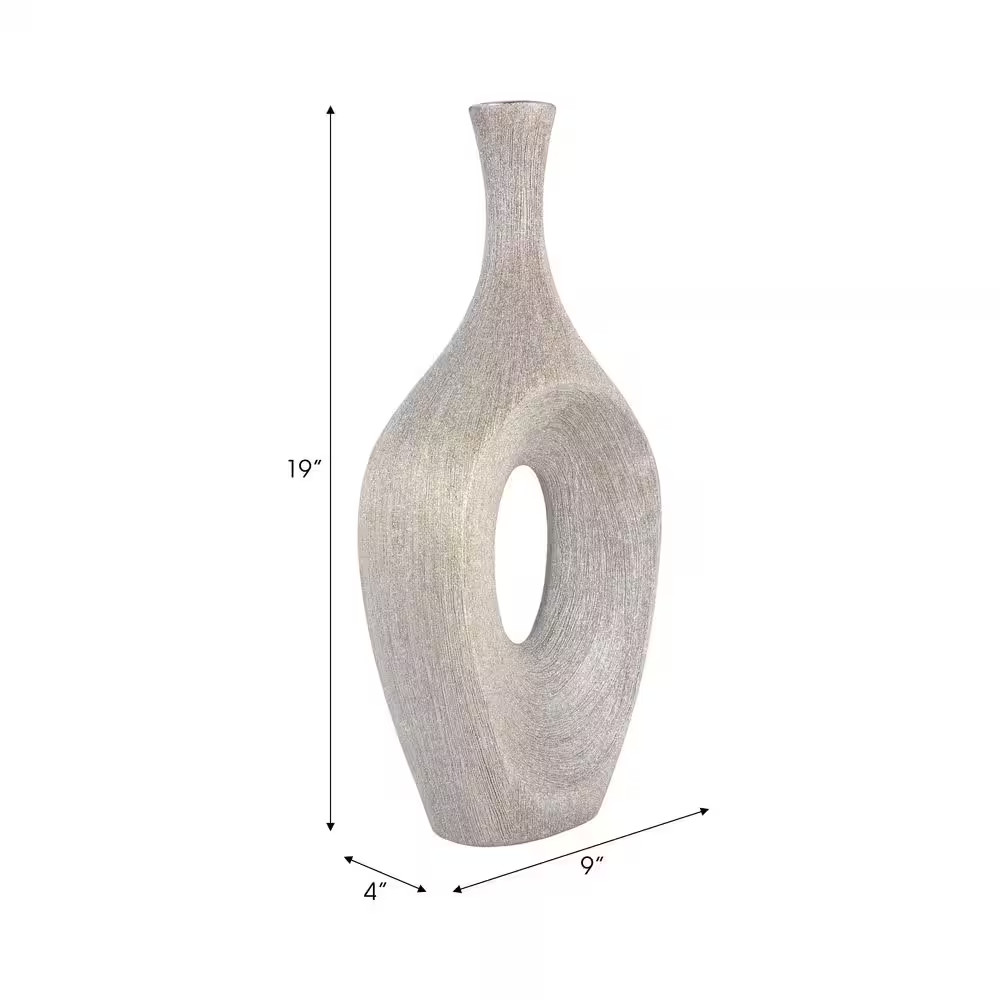 19 In. Silver Stoneware Beaded Open Cut Oval Decorative Vase