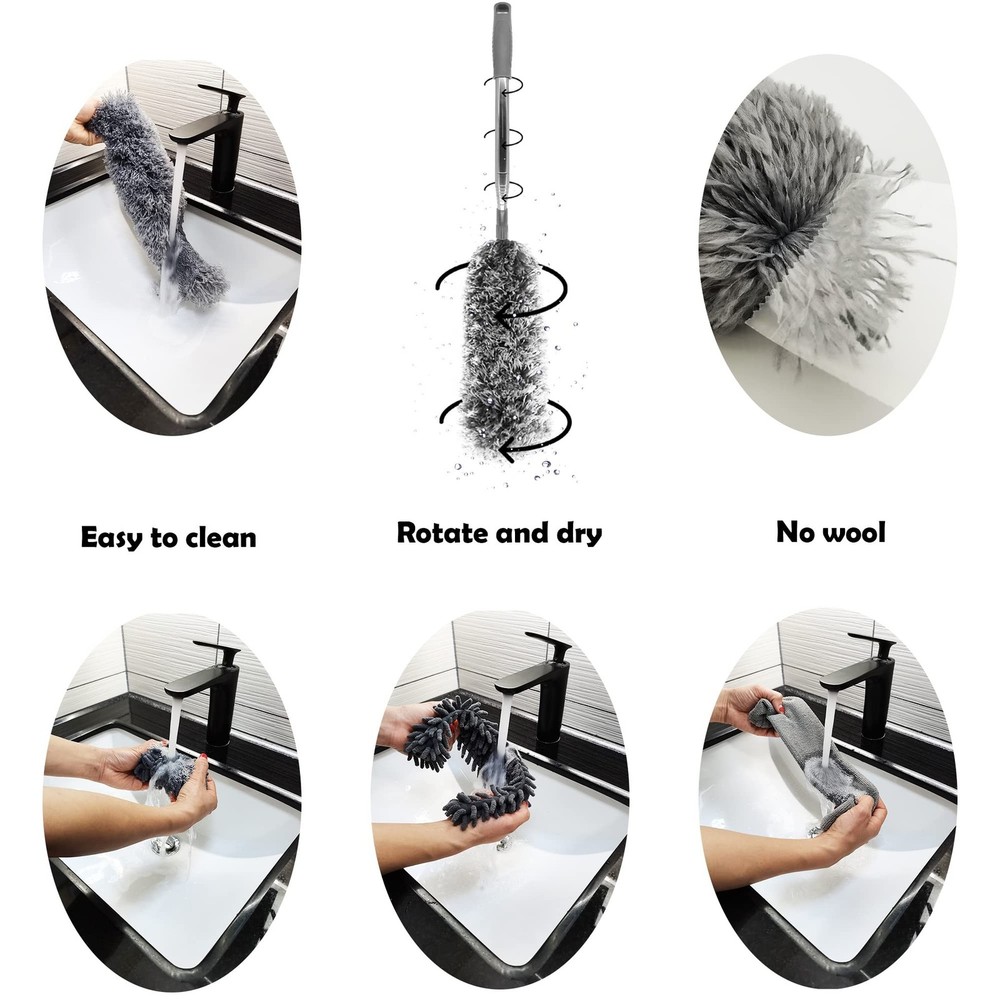 Microfiber Duster with Telescoping Extension Pole(30-100 Inches) Kit, 4 Clean...