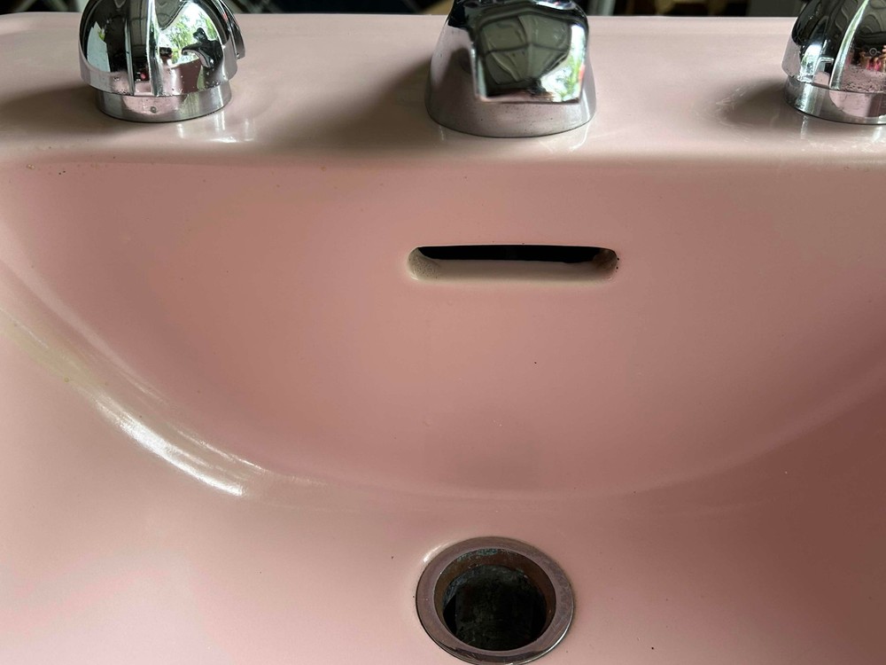 1954 Crane Pink Bathroom Sink - Drop-In - Atomic Chrome Knobs - Square Corners!
