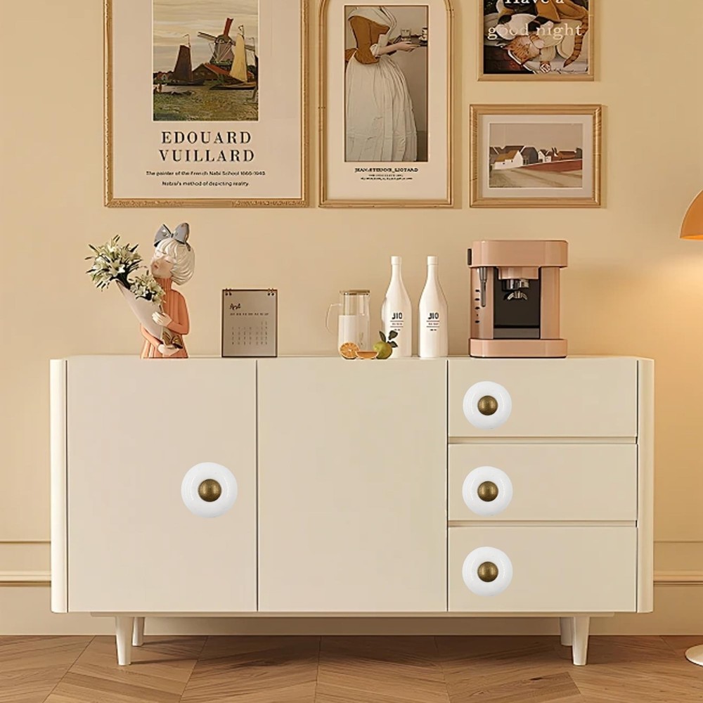 1” Ceramic Round Knobs, Antique Brass and Ceramic Cabinet Knobs, White Fur