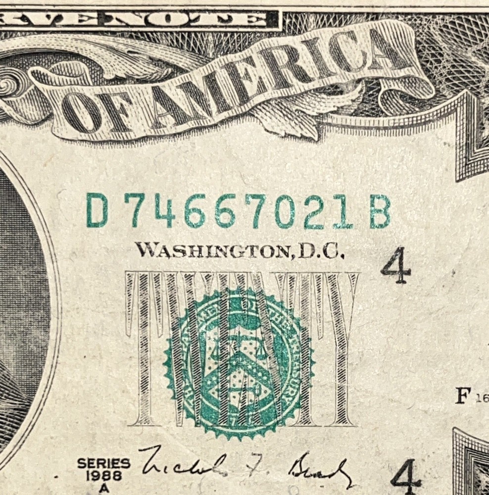 1988A $20 Twenty Dollar Bill 3rd Print Offset / Misaligned Overprint Error Note