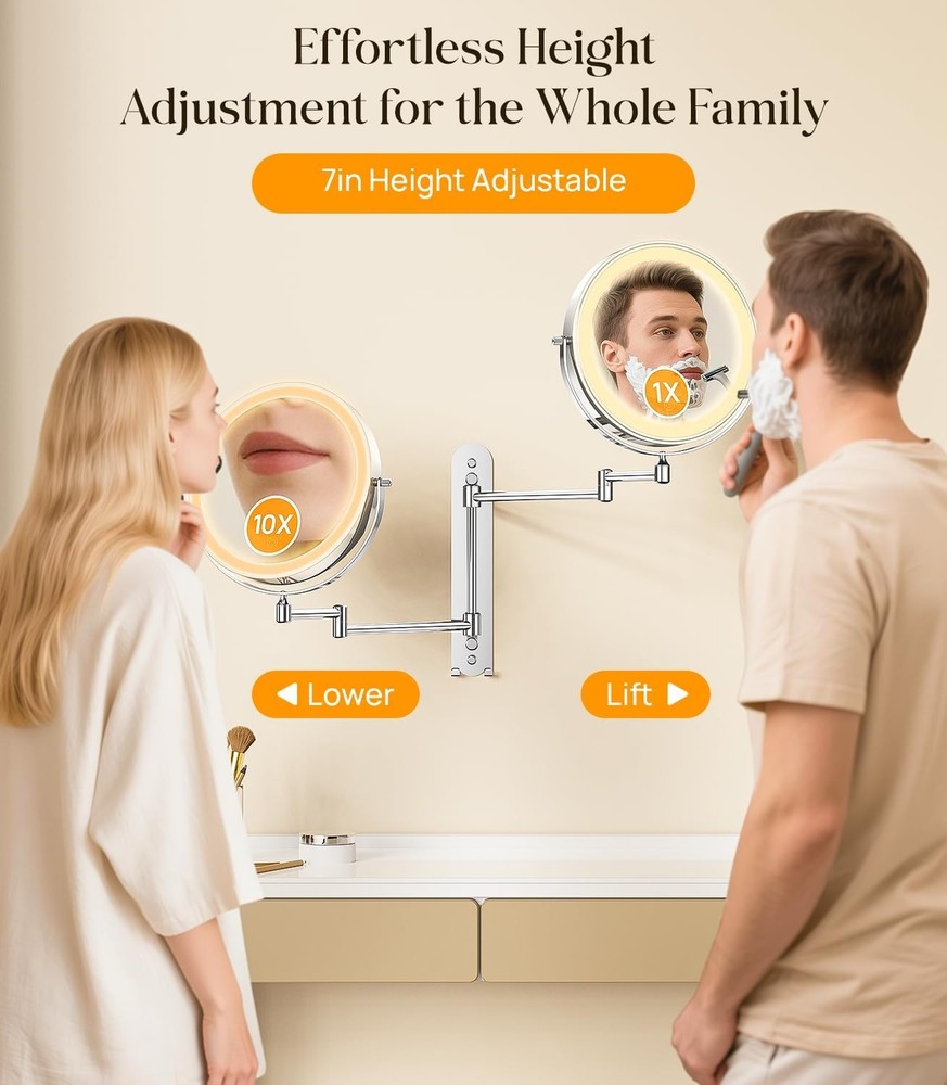 9” Wall Mounted Lighted Makeup Mirror W/ Magnification 10X 7in Height Adjustable