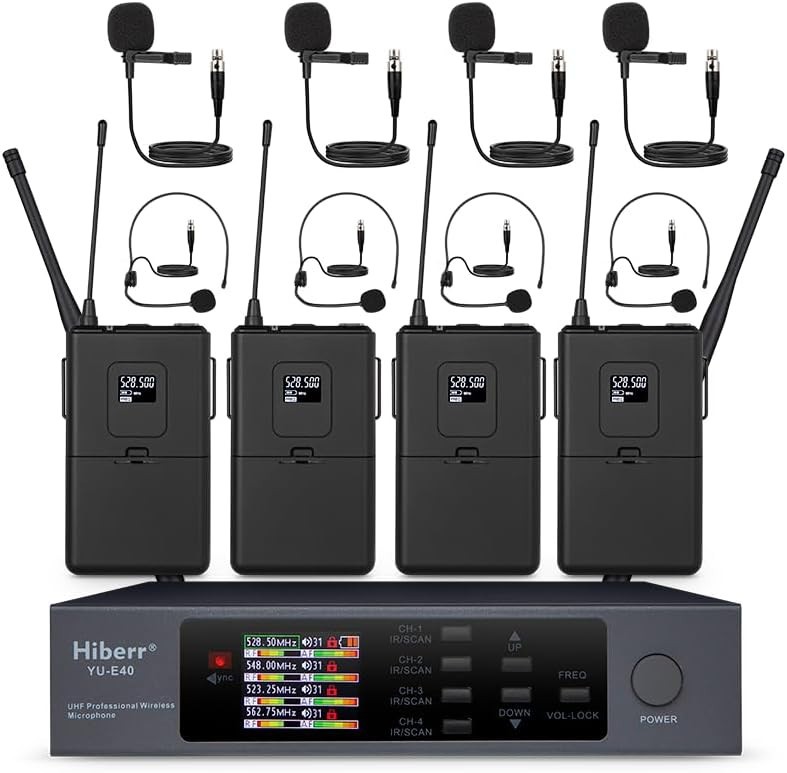 Hiberr YU-E40B Wireless Microphone System, 4 Channels Adjustable UHF Wireless