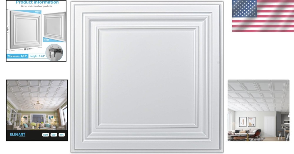 PVC Ceiling Tiles 2x2 White 12 Pack Waterproof Easy Install Modern Ceiling