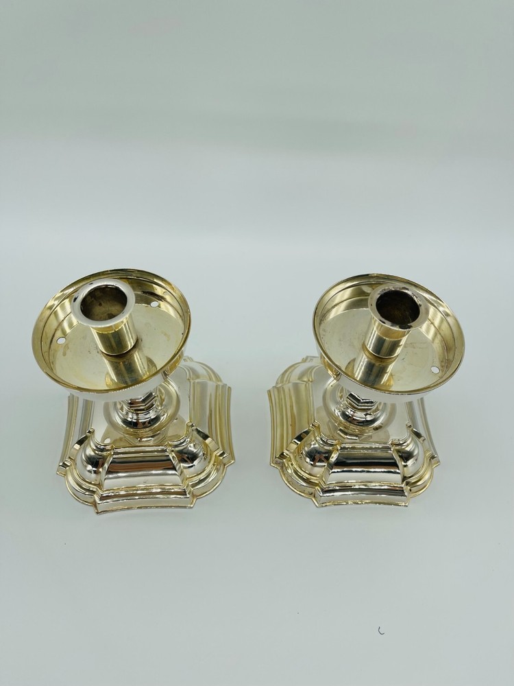 Pair Danish Denmark Silver Plated Candlesticks & Tray