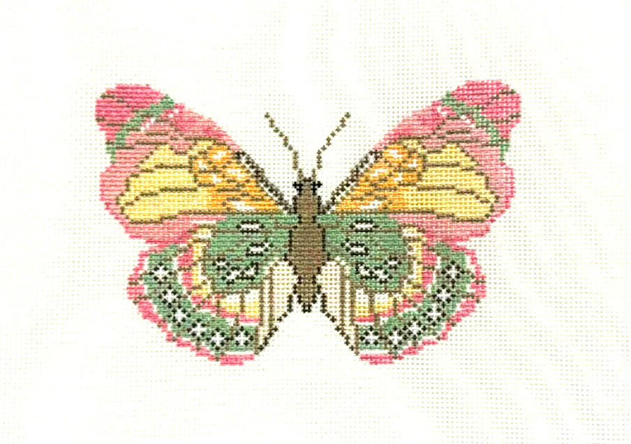 Initial K Pink Green Medium Butterfly Handpainted Needlepoint Canvas