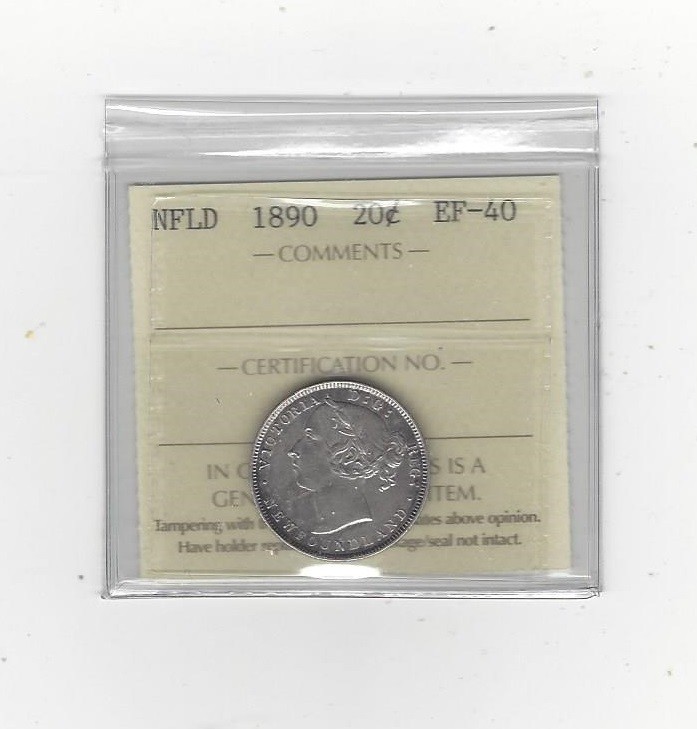 1890  ICCS Graded, Newfoundland 20 Cent, **EF-40**