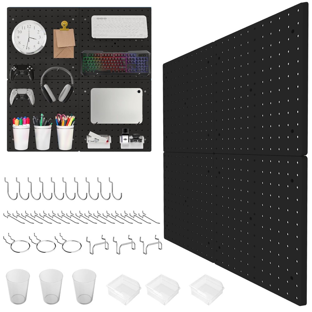FZK Peg board Kit, Peg Board with Hooks, Includes 4 Black Pegboards and Acces...