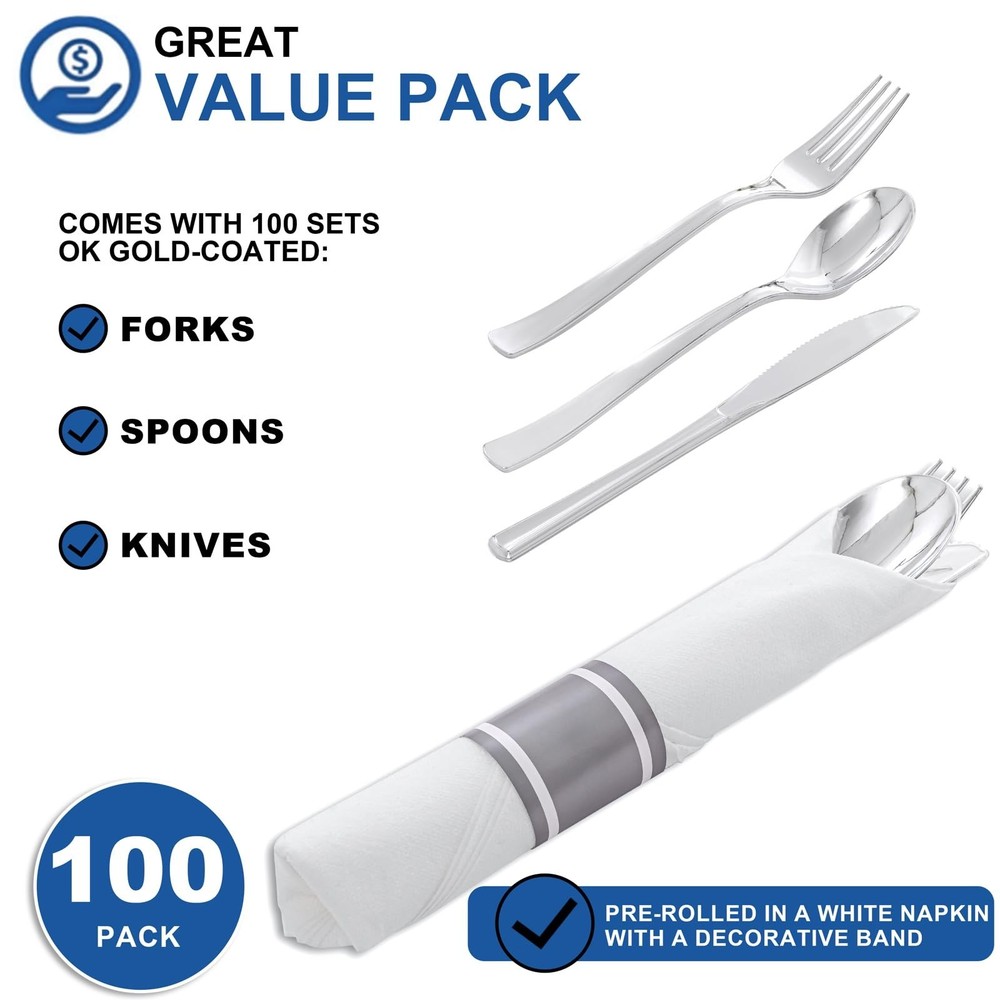 400PCS Pre Rolled Silver Plastic Silverware Sets - Heavy Duty Silver Cutlery ...