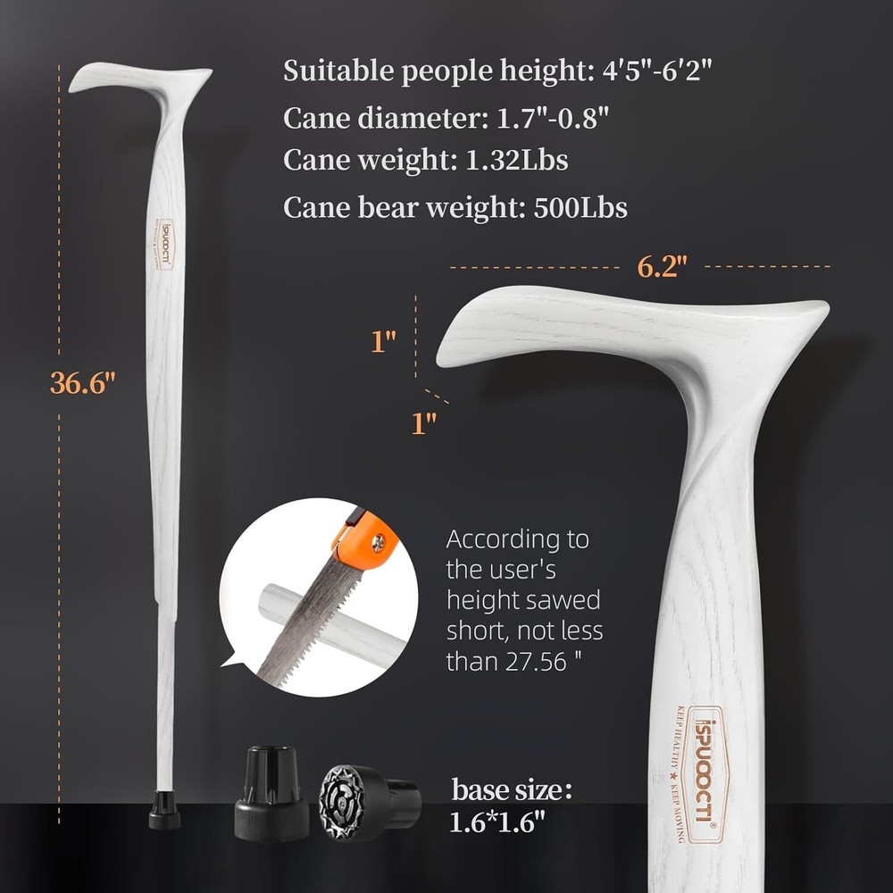 Ispuoocti Natural Solid Wood Walking Cane Ash-Wood White
