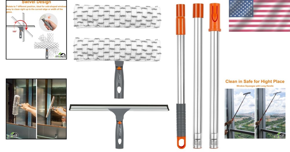 Complete Window Cleaning Kit: 12" Squeegee, 11" Microfiber Pad & Extendable Pole