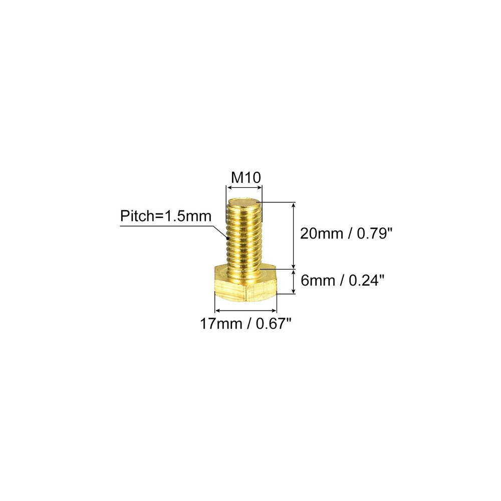Brass Hex Bolts M10x20mm 3Pack Fully Thread Grade 4.8 Machine Screws