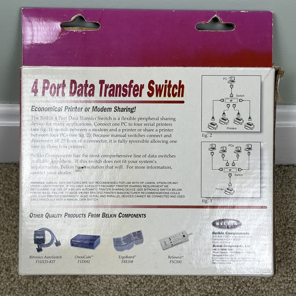 Belkin 4-Port Data Transfer data Switch Model F1B028E UNTESTED IN Original BOX