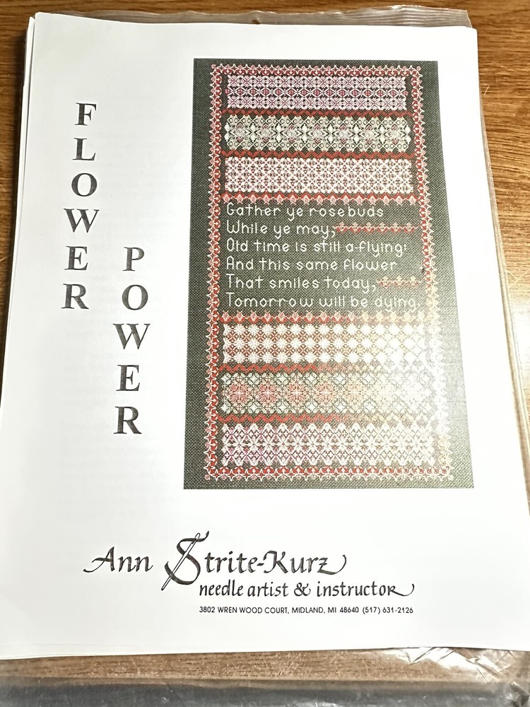 New Ann Strite Kurtz FLOWER POWER Needlework Sampler floral  NEEDLEPOINT PATTERN