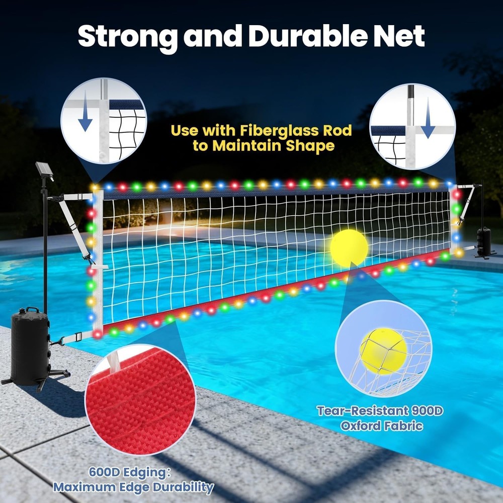 LED Pool Volleyball Net Set; Adjustable 15-32FT; Solar Lights; Weighted Base