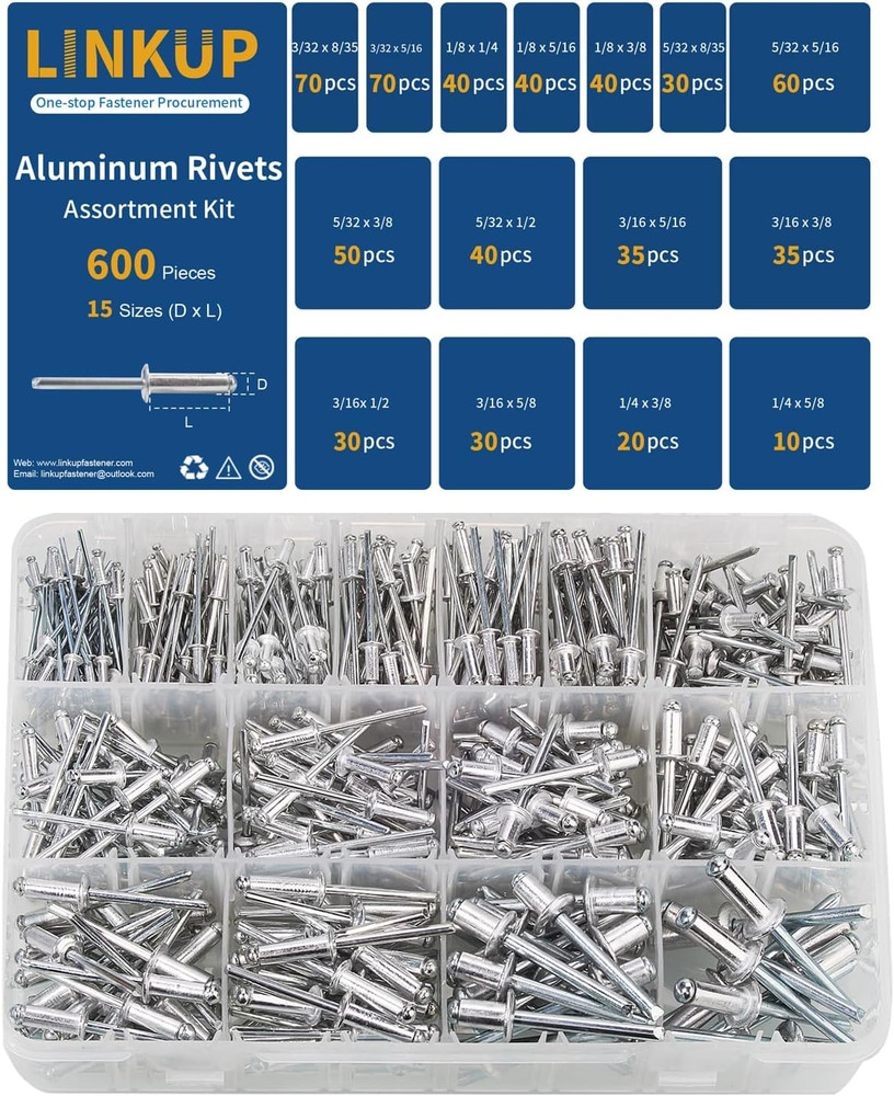 600Pcs 15 Sizes Pop Rivets Assortment Kit,Aluminum Rivets, Silver Pop Rivet Set