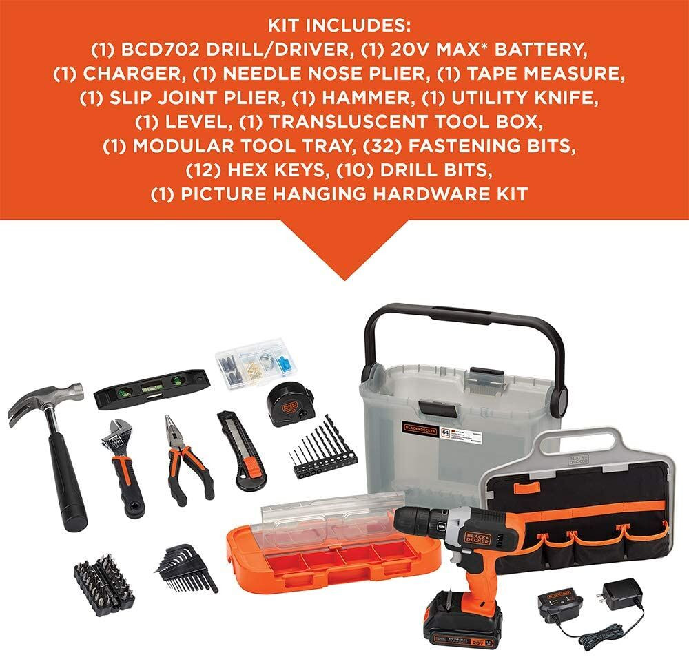 BLACK+DECKER 20V MAX* Drill Hand Tool and Accessory Home Project Kit- BCKSB62C1
