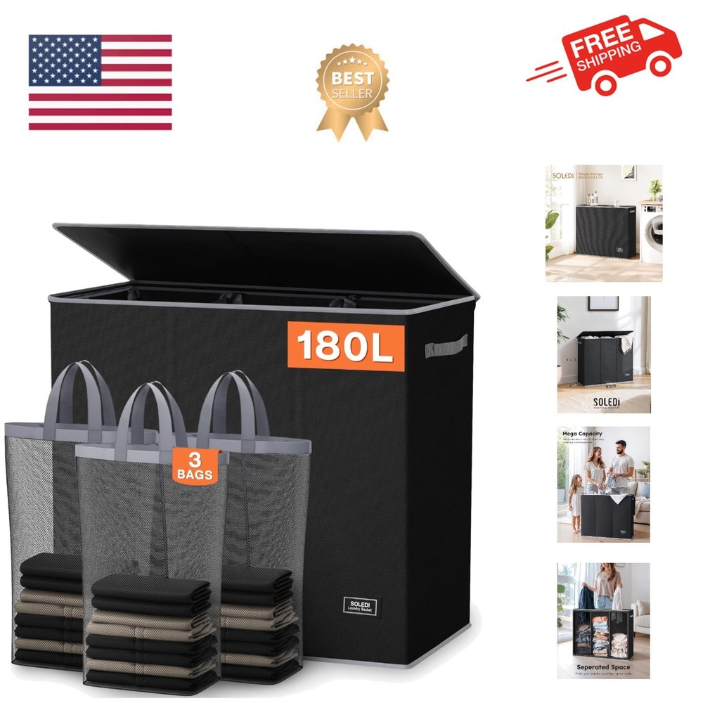 Extra Large 3-Section Laundry Hamper, 180L with Lid - Modern Storage Solution