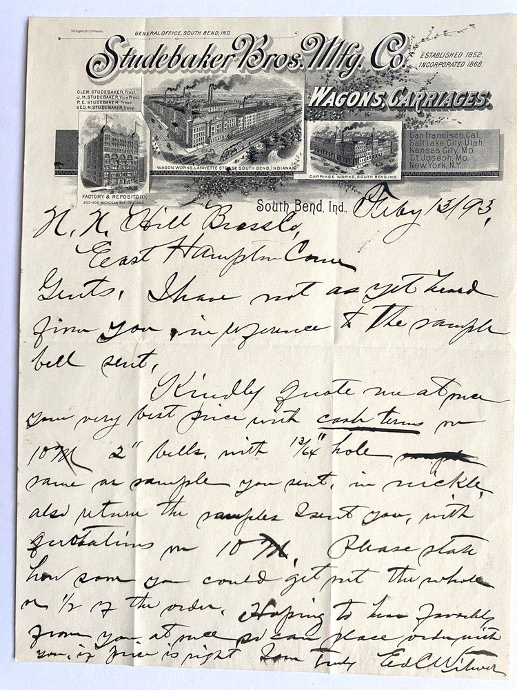 Studebaker South Bend 1893 Letterhead Auto Transportation Illustrated