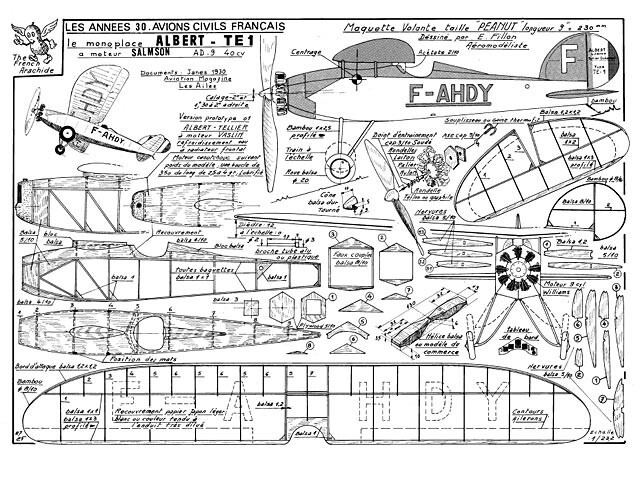Albert TE-1 FF Rubber 15" Span R/C Model Airplane Printed Plans & Templates