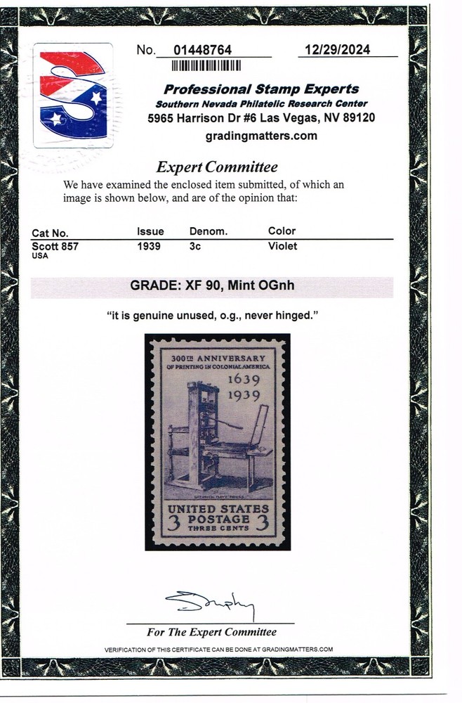 EXCEPTIONAL SCOTT #857 MINT PRISTINE OG NH  - PSE CERT GRADED XF-90
