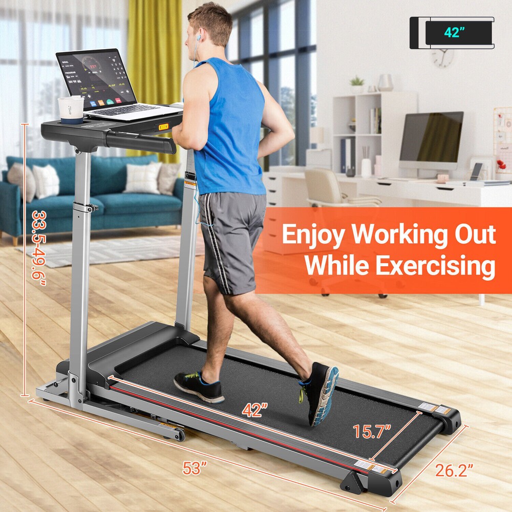 2.5HP Folding Treadmill w/Adjustable Desk Soft Drop System, Running Pad Machine