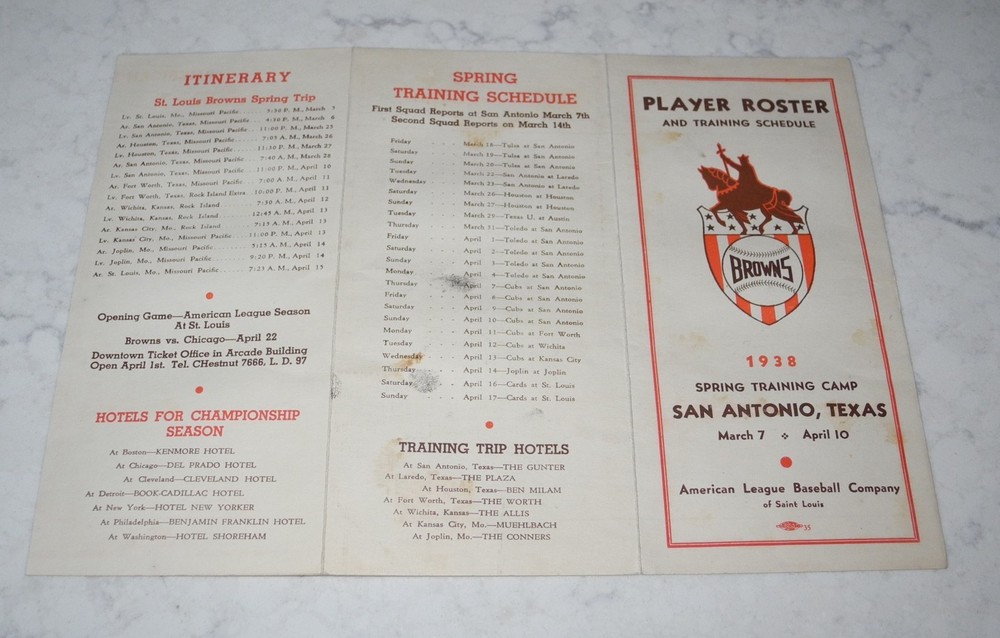 1938 Baseball St. Louis Browns Spring Training Media Guide Book Roster Program