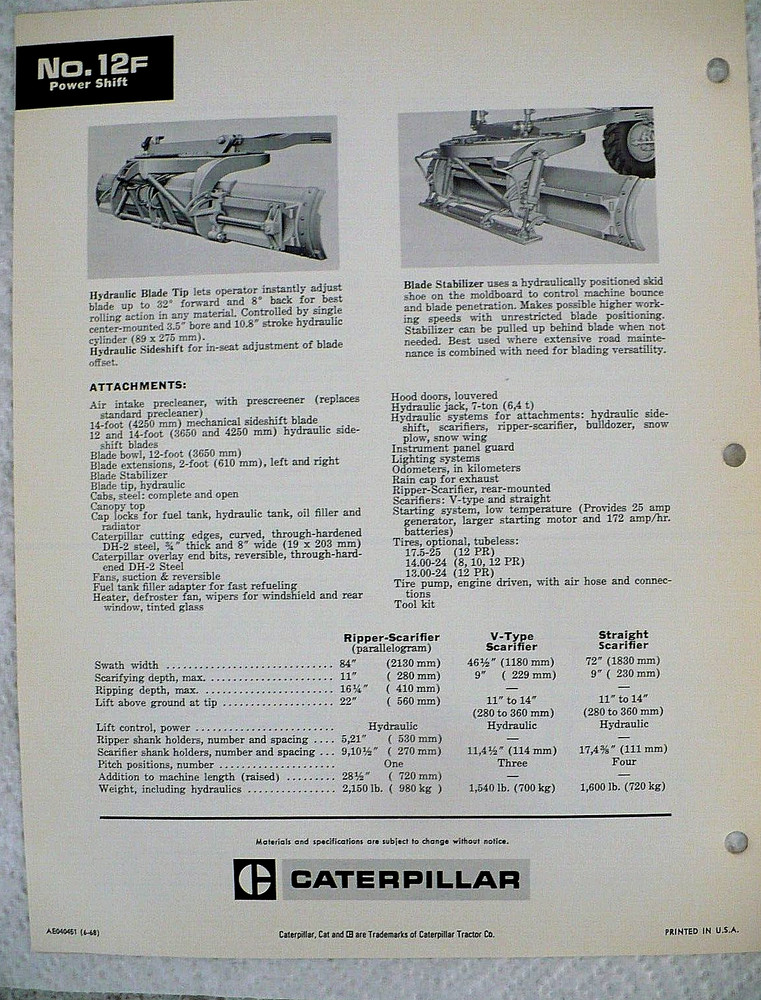 1968 CATERPILLAR MODEL 12F ROAD GRADER BROCHURE ( POWER SHIFT)