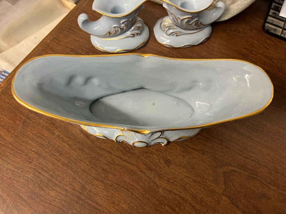 3 Piece Blue Ceramic Console Set w/ Gold Decoration